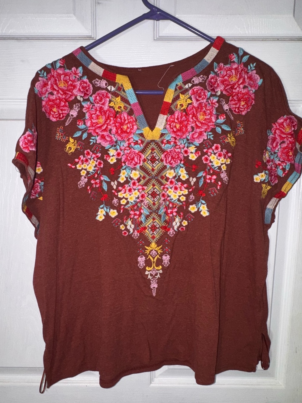 Embroidered Floral V-Neck Women’s Top - Brown with Pink Flowers